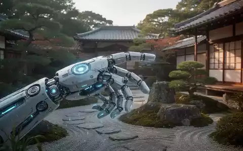 Hochentwickelte Roboterhand mit leuchtenden Schaltkreisen, die sich einem traditionellen japanischen Garten nähert, Symbol für technologischen Fortschritt. - Foto: über boerse-global.de