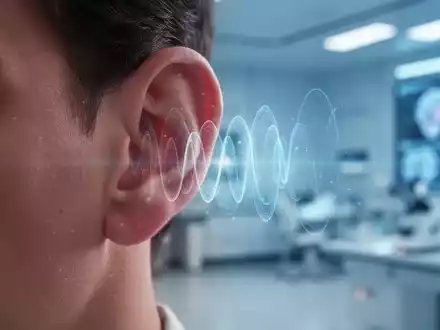 Ein menschliches Ohr, das subtile Schallwellen aussendet, vor einem verschwommenen, futuristischen Forschungslabor. Es symbolisiert nicht-invasive Klangtherapie gegen Alzheimer. - Foto: über boerse-global.de