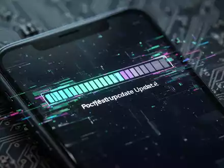 Smartphone-Bildschirm mit ruckelndem Software-Update-Fortschrittsbalken vor verschwommenem Leiterplattenhintergrund. - Foto: über boerse-global.de