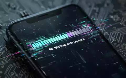 Smartphone-Bildschirm mit ruckelndem Software-Update-Fortschrittsbalken vor verschwommenem Leiterplattenhintergrund. - Foto: über boerse-global.de