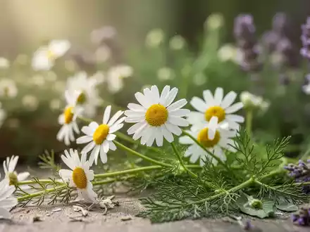 Nahaufnahme von Kamillenblüten und -blättern mit weicher, unscharfer Naturheilkunde-Hintergrund, der Ruhe und Heilung vermittelt. - Foto: über boerse-global.de