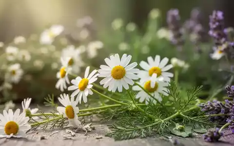 Nahaufnahme von Kamillenblüten und -blättern mit weicher, unscharfer Naturheilkunde-Hintergrund, der Ruhe und Heilung vermittelt. - Foto: über boerse-global.de
