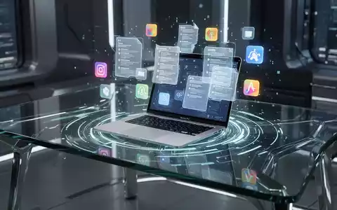 Glühendes holografisches KI-Interface über einem MacBook Pro mit automatisierten Aufgaben und integrierten Apps auf einem schlanken Schreibtisch. - Foto: über boerse-global.de