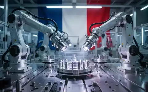 Moderne Fabrikhalle mit Roboterarmen, die elektro-optische Komponenten zusammenbauen, beleuchtet in Blau und Weiß. - Foto: über boerse-global.de