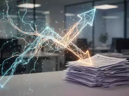 Abstrakte Darstellung von Gehaltstrends: Ein Pfeil zeigt nach oben zu einem neuronalen Netz, ein anderer nach unten zu Dokumenten, symbolisch für KI-Einfluss auf Löhne. - Foto: über boerse-global.de