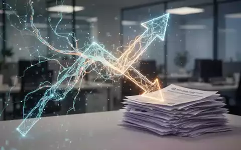 Abstrakte Darstellung von Gehaltstrends: Ein Pfeil zeigt nach oben zu einem neuronalen Netz, ein anderer nach unten zu Dokumenten, symbolisch für KI-Einfluss auf Löhne. - Foto: über boerse-global.de