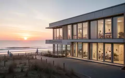 Ein modernes Reha-Klinikgebäude mit großen Fenstern an einem ruhigen Nordseestrand bei Sonnenuntergang. Betont ganzheitliche und familienorientierte Versorgung. - Foto: über boerse-global.de