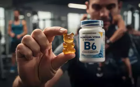 Eine Hand hält ein Magnesium- und Vitamin B6-Weichgummi, mit verschwommenem Hintergrund, der sportliche Aktivität andeutet. - Foto: über boerse-global.de