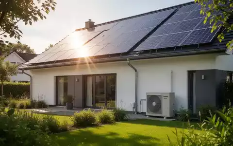 Ein modernes, energieeffizientes deutsches Wohnhaus mit Solarpaneelen auf dem Dach und einer Wärmepumpe im Garten. - Foto: über boerse-global.de