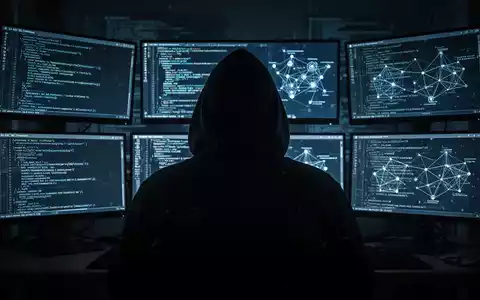 Eine Person im Schatten vor mehreren leuchtenden Computerbildschirmen, die Code und Netzwerkdiagramme anzeigen, symbolisiert eine Cyberbedrohung. - Foto: über boerse-global.de