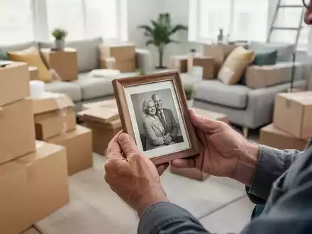 Seniorenhände halten ein gerahmtes Foto, umgeben von Umzugskartons, die den Übergang in ein neues Zuhause symbolisieren. - Foto: über boerse-global.de