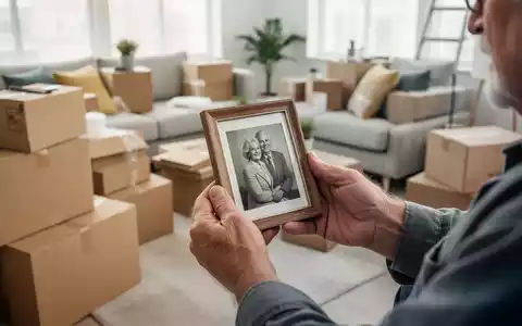 Seniorenhände halten ein gerahmtes Foto, umgeben von Umzugskartons, die den Übergang in ein neues Zuhause symbolisieren. - Foto: über boerse-global.de