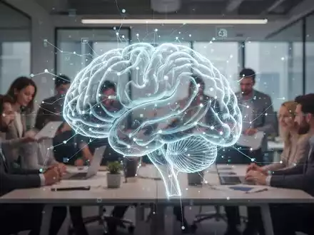 Glühende, abstrakte KI-Darstellung mit neuronalen Netzverbindungen über modernem Büro. - Foto: über boerse-global.de