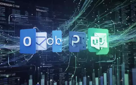 Stilisierte digitale Darstellung von Microsoft Outlook- und Project-Symbolen mit abstrakten Datenströmen, die Konnektivität und Updates andeuten. - Foto: über boerse-global.de
