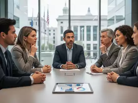 Menschen sitzen an einem Konferenztisch und diskutieren Finanzthemen, symbolisierend die Reform der Altersvorsorge für Selbstständige. - Foto: über boerse-global.de