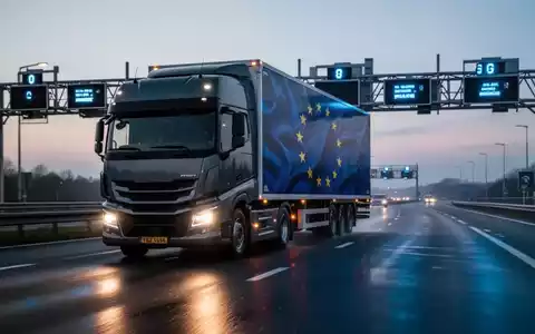 Ein moderner Lastwagen fährt bei Dämmerung auf einer niederländischen Autobahn unter einer Mautbrücke hindurch. - Foto: über boerse-global.de