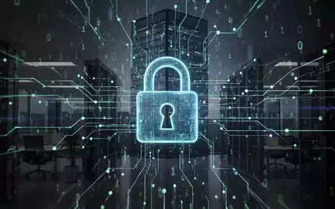 Ein digitales Vorhängeschloss über einem Netzwerk aus leuchtenden Datenströmen und Binärcode, im Hintergrund ein Bürogebäude. - Foto: über boerse-global.de