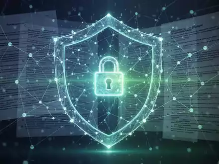 Abstrakte Darstellung vernetzter digitaler Knoten mit überlagerten Rechtsdokumenten, symbolisiert KI-Compliance und Managementstandards. - Foto: über boerse-global.de