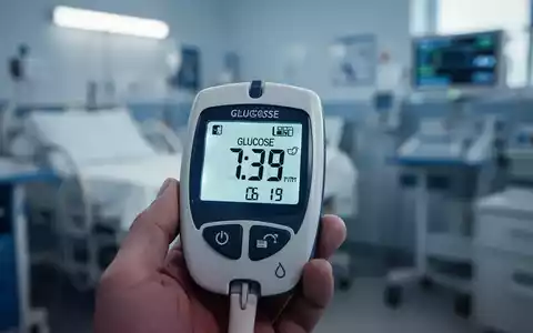 Nahaufnahme eines Blutzuckermessgeräts, das einen hohen Wert anzeigt, mit einem verschwommenen Hintergrund eines Krankenhauszimmers. - Foto: über boerse-global.de
