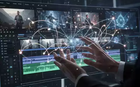Nahaufnahme von Händen, die mit einem holografischen Bildschirm interagieren, der Videobearbeitungssoftware und KI-generierte Inhalte zeigt. - Foto: über boerse-global.de