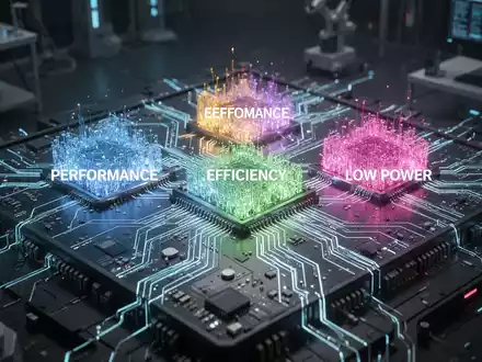 Nahaufnahme eines futuristischen Mikrochips mit drei leuchtenden Kernclustern, die verschiedene CPU-Kerntypen symbolisieren. - Foto: ĂĽber boerse-global.de