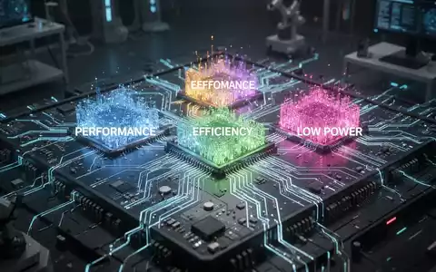Nahaufnahme eines futuristischen Mikrochips mit drei leuchtenden Kernclustern, die verschiedene CPU-Kerntypen symbolisieren. - Foto: über boerse-global.de