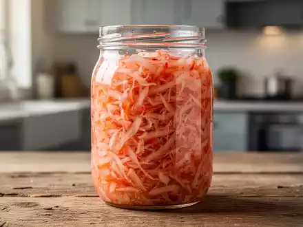 Ein Glas frisches Sauerkraut auf einem Holztisch, im Hintergrund eine moderne amerikanische Küche verschwommen. - Foto: über boerse-global.de