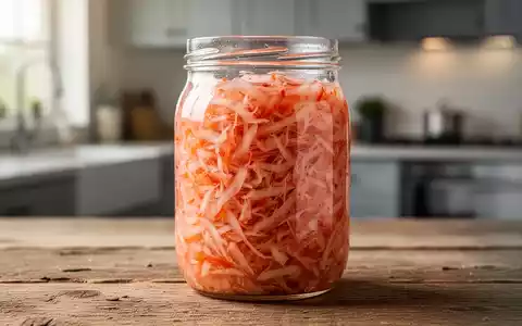 Ein Glas frisches Sauerkraut auf einem Holztisch, im Hintergrund eine moderne amerikanische Küche verschwommen. - Foto: über boerse-global.de