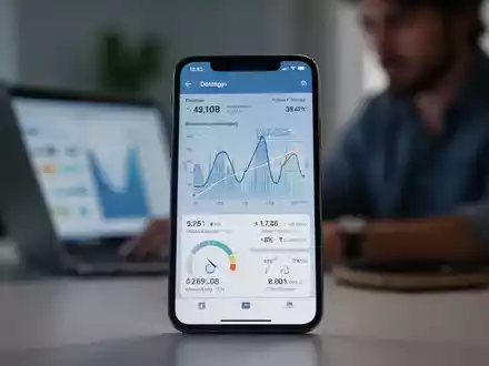 Smartphone-Bildschirm mit Datennutzungsdiagrammen, verschwommener Laptop-Nutzer im Hintergrund, symbolisiert geteiltes Internet. - Foto: über boerse-global.de