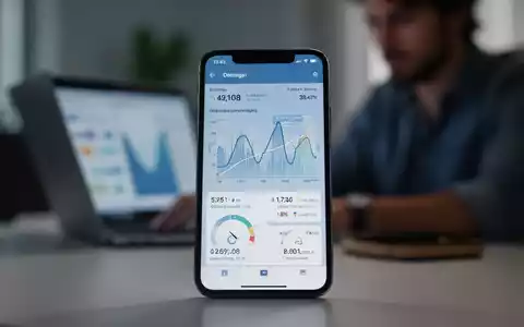 Smartphone-Bildschirm mit Datennutzungsdiagrammen, verschwommener Laptop-Nutzer im Hintergrund, symbolisiert geteiltes Internet. - Foto: über boerse-global.de