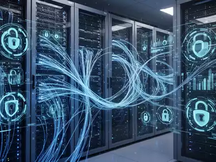 Zukunftssichere Serverracks mit blauen Leuchten und Glasfaserkabeln, Symbol für KI-Integration in Datenspeicher und Sicherheit. - Foto: über boerse-global.de