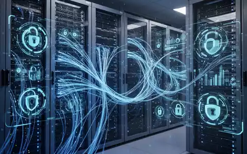 Zukunftssichere Serverracks mit blauen Leuchten und Glasfaserkabeln, Symbol für KI-Integration in Datenspeicher und Sicherheit. - Foto: über boerse-global.de