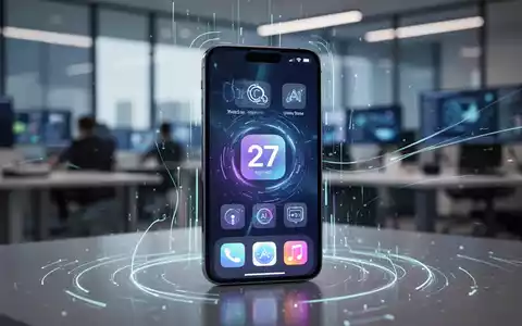 Nahaufnahme eines iPhone-Bildschirms mit iOS 27-Oberfläche und dezenten KI-Grafiken vor unscharfem Tech-Büro-Hintergrund. - Foto: über boerse-global.de
