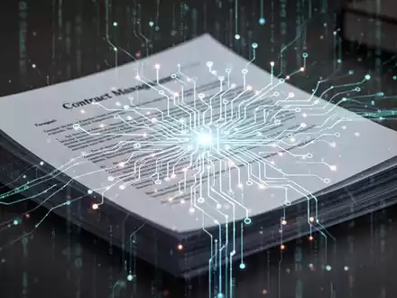 Stilisierte KI-Netzwerke oder Leiterplatte mit leuchtenden Linien über einem Stapel Rechtsdokumente, symbolisiert KI-Vertragsmanagement. - Foto: über boerse-global.de