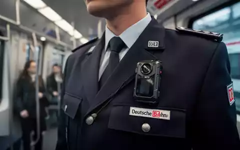 Nahaufnahme einer Bodycam an der Uniform eines DB-Mitarbeiters in einem modernen Zugabteil, Fokus auf Sicherheitstechnologie. - Foto: über boerse-global.de