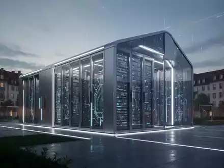 Modernes, großflächiges Rechenzentrum in der Dämmerung, mit klaren architektonischen Linien und dezenter Innenbeleuchtung in einer europäischen Landschaft. - Foto: über boerse-global.de