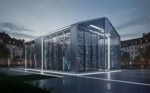 Modernes, großflächiges Rechenzentrum in der Dämmerung, mit klaren architektonischen Linien und dezenter Innenbeleuchtung in einer europäischen Landschaft. - Foto: über boerse-global.de