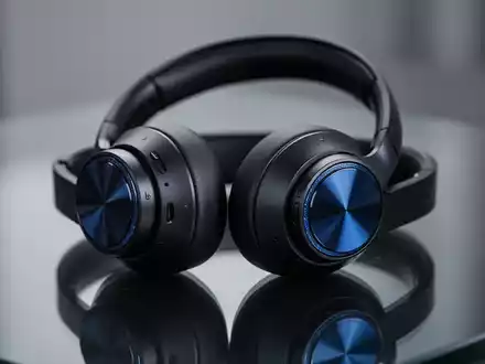 Schwarze Over-Ear-Kopfhörer mit sichtbaren Treibern auf reflektierender Oberfläche, betont Audiotechnologie. - Foto: über boerse-global.de