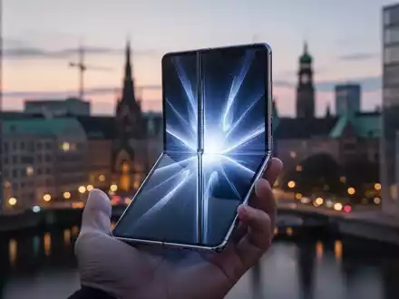 Ultraflaches, faltbares Smartphone in einer Hand vor verschwommenem, modernem Stadtbild bei Dämmerung. - Foto: über boerse-global.de