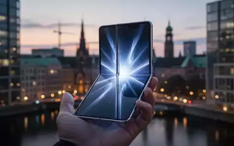 Ultraflaches, faltbares Smartphone in einer Hand vor verschwommenem, modernem Stadtbild bei Dämmerung. - Foto: über boerse-global.de