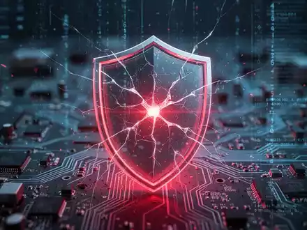 Gekrümeltes digitales Schild-Symbol, das eine Cybersicherheitslücke darstellt, mit unscharfem Hintergrund aus Leiterplatten. - Foto: über boerse-global.de