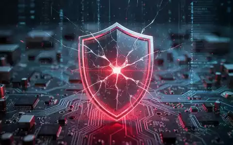 Gekrümeltes digitales Schild-Symbol, das eine Cybersicherheitslücke darstellt, mit unscharfem Hintergrund aus Leiterplatten. - Foto: über boerse-global.de