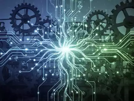 Stilisierte Darstellung eines leuchtenden neuronalen Netzes über Silhouetten von Industriemaschinen, die KI in der Industrie repräsentiert. - Foto: über boerse-global.de
