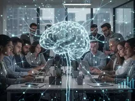 Eine futuristische, leuchtende neuronale Netzwerkgrafik überlagert arbeitende Menschen im Büro, symbolisiert KI und Jobs. - Foto: über boerse-global.de