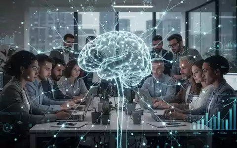 Eine futuristische, leuchtende neuronale Netzwerkgrafik überlagert arbeitende Menschen im Büro, symbolisiert KI und Jobs. - Foto: über boerse-global.de