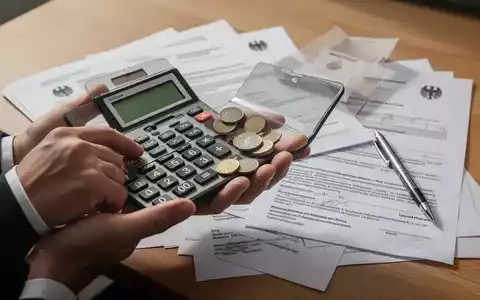 Hände halten einen Taschenrechner und Münzen, mit deutschen Dokumenten und Stift auf einem Schreibtisch im Hintergrund. - Foto: über boerse-global.de
