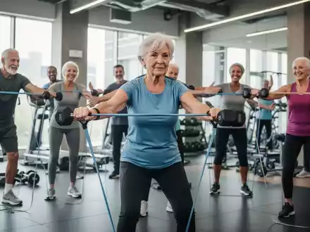 Eine Gruppe von Senioren trainiert mit Hanteln und Widerstandsbändern in einem hellen, modernen Fitnessstudio. - Foto: über boerse-global.de
