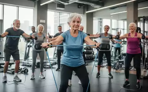 Eine Gruppe von Senioren trainiert mit Hanteln und Widerstandsbändern in einem hellen, modernen Fitnessstudio. - Foto: über boerse-global.de