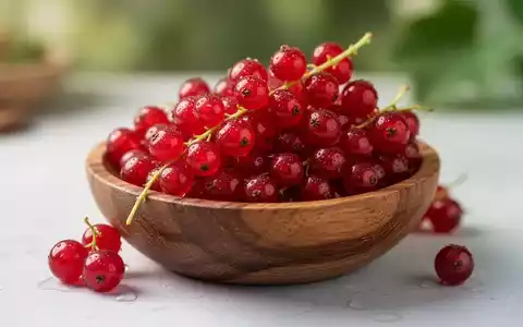Nahaufnahme von leuchtend roten Johannisbeeren in einer kleinen Holzschale auf hellem Hintergrund, Fokus auf Frische und Gesundheit. - Foto: über boerse-global.de