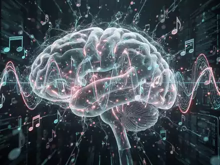 Abstrakte Darstellung von Gehirnaktivität mit leuchtenden Neuronen, Musiknoten und Schallwellen, die Datenströme kreuzen. - Foto: über boerse-global.de